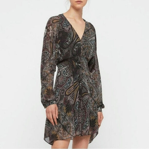 ALLSAINTS Floral Paisley V-Neck Long Sleeve A-Line Mini Dress Boho Romantic L - Picture 1 of 16